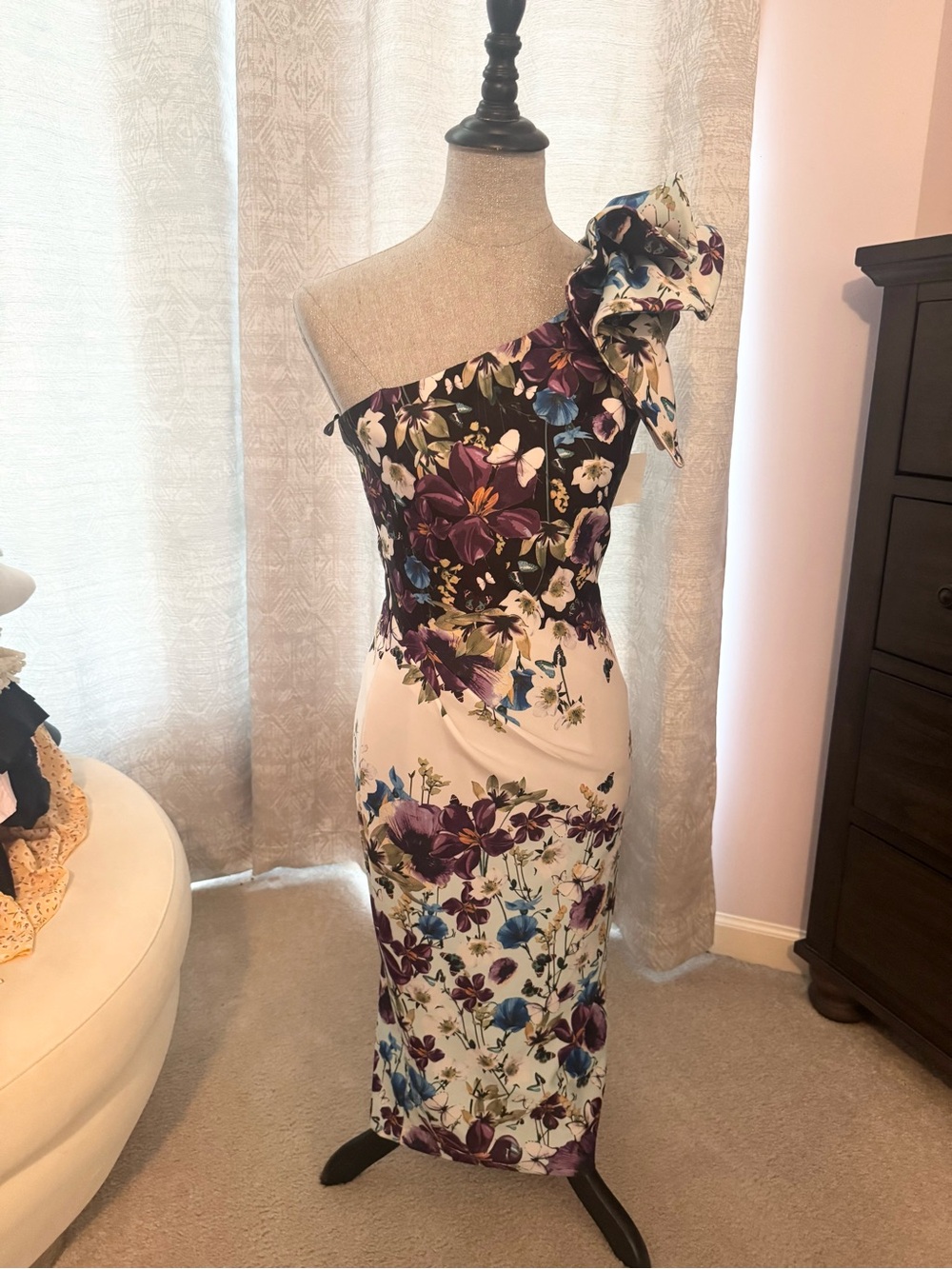 Betsy & Adam One-Shoulder Floral Midi Dress in Purple, Blue, White